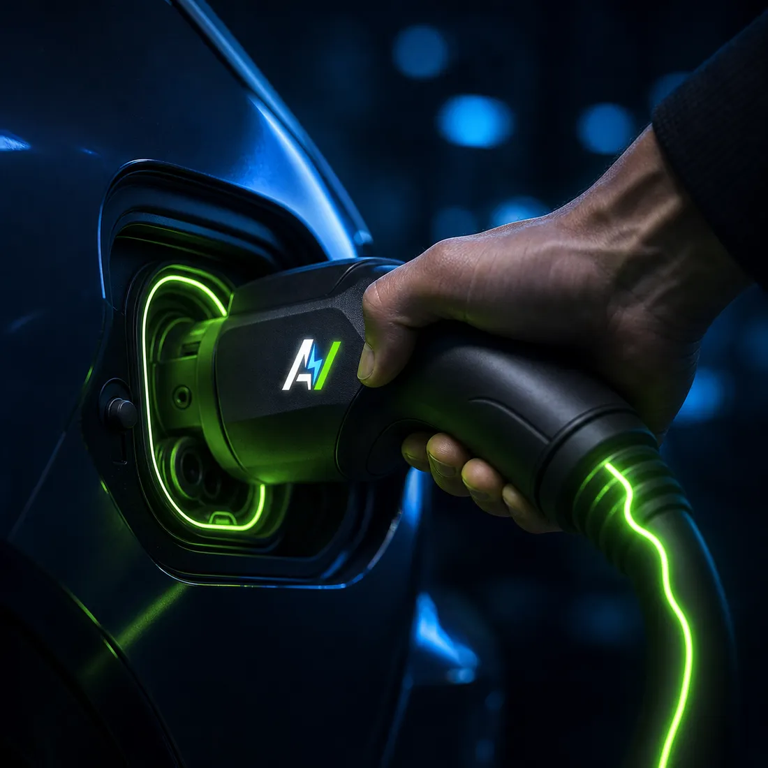 Conector de carga AutoVolt Energy enchufado a un vehículo eléctrico