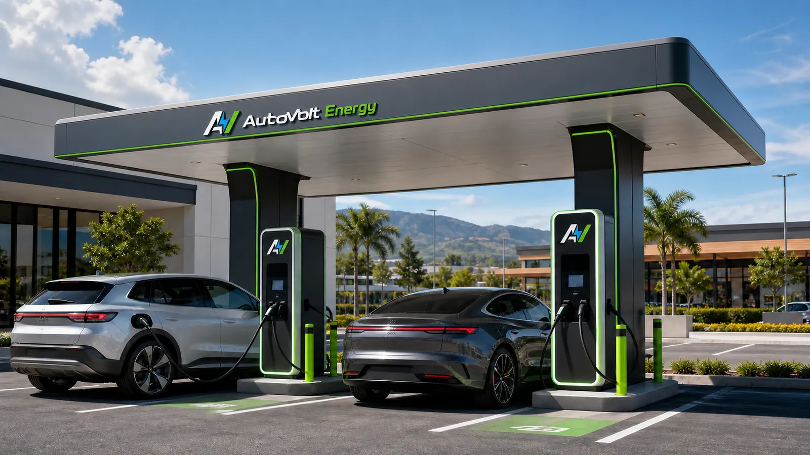 Estación de carga rápida AutoVolt Energy en un centro comercial con vehículos eléctricos cargando