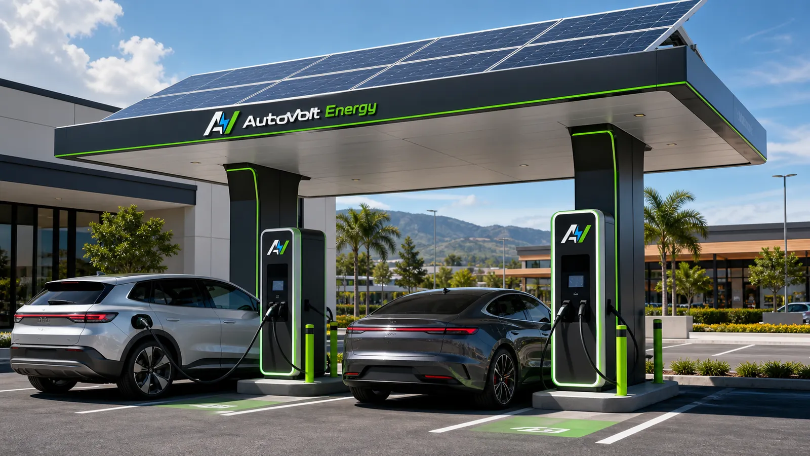 Estación de carga AutoVolt Energy con cubierta solar y vehículos eléctricos cargando
