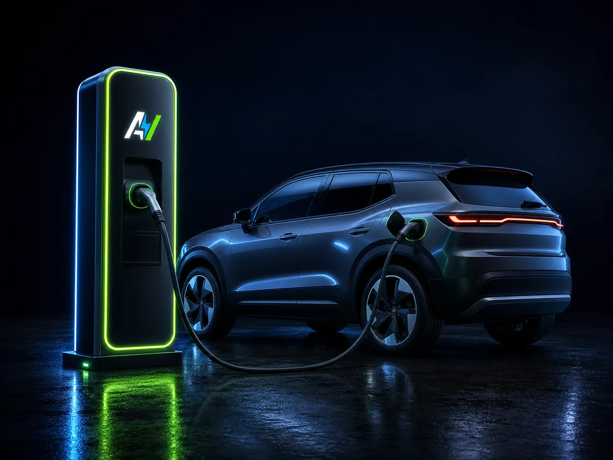 Estación de carga AutoVolt Energy cargando un SUV eléctrico en un entorno oscuro y moderno